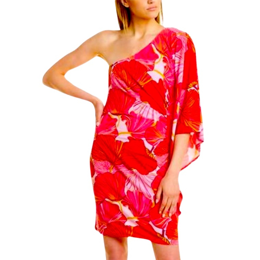 NWT Trina Turk Red Pink White Tropical Floral One Shoulder Ruched Dress Size 6